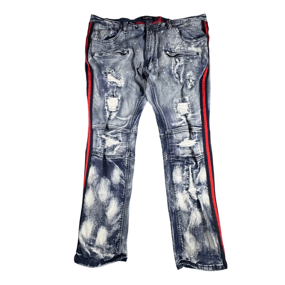 Makobi Biker Jeans Mens 44x32 Blue Acid Wash Distressed Side Stripe M1743 Moto - Picture 1 of 11